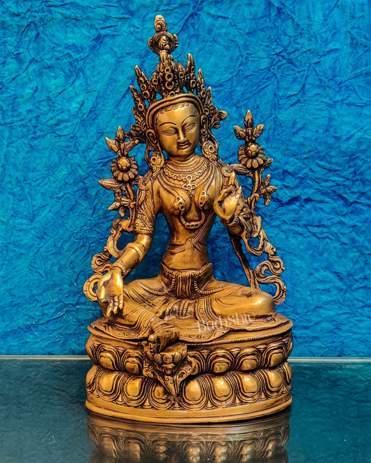 Pure Fine Brass Green Tara Statue | 14" x 8" x 5" | - Budhshiv.com