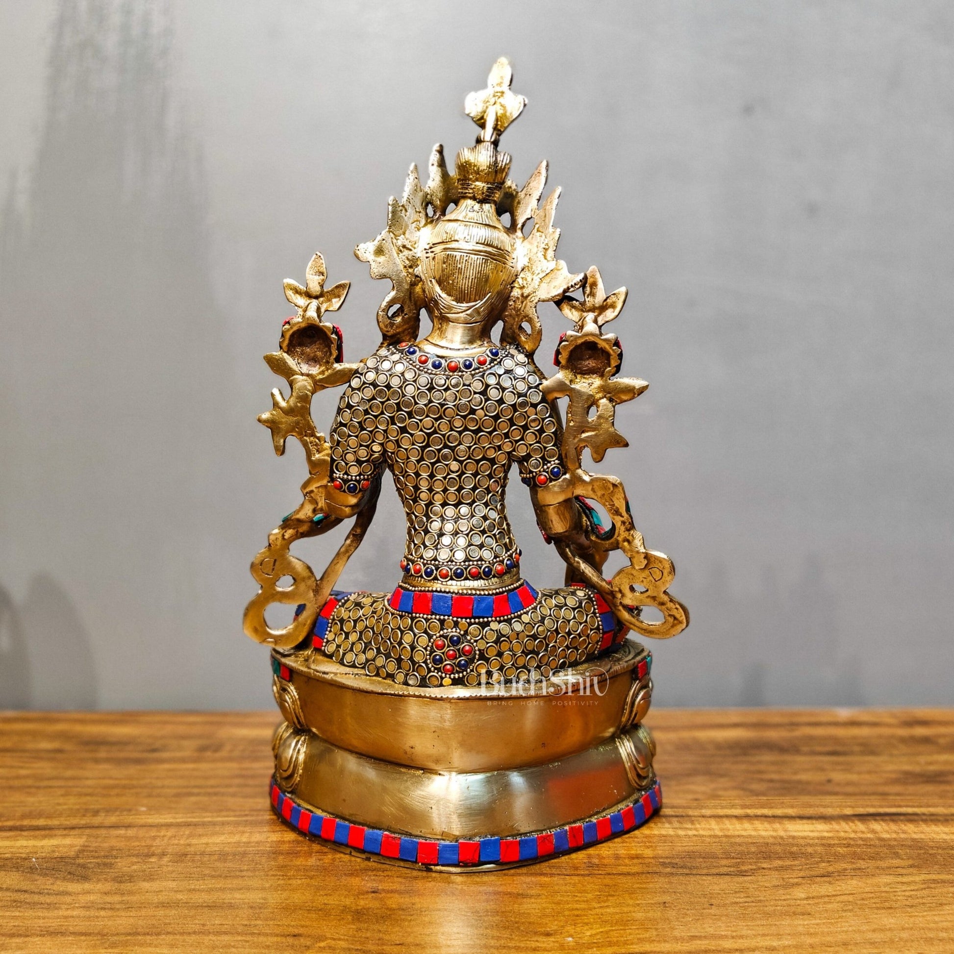 Pure Fine Brass Green Tara Statue | 14" x 8" x 5" | with stonework - Budhshiv.com