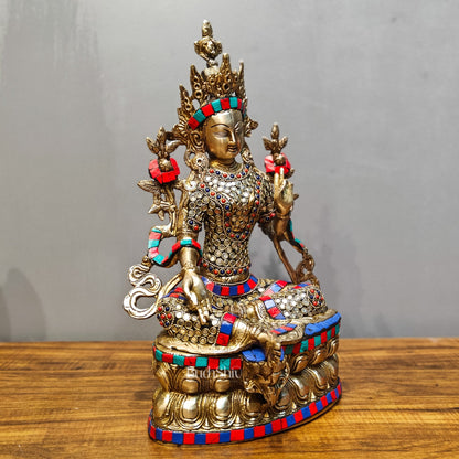 Pure Fine Brass Green Tara Statue | 14" x 8" x 5" | with stonework - Budhshiv.com