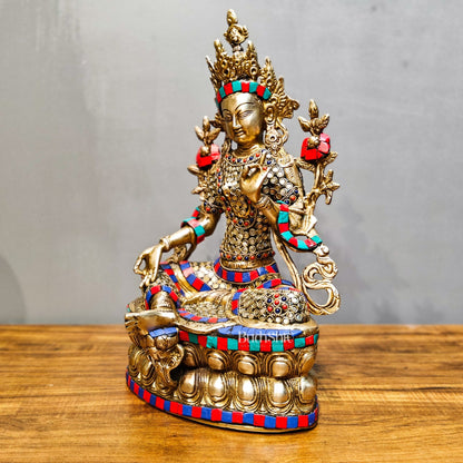 Pure Fine Brass Green Tara Statue | 14" x 8" x 5" | with stonework - Budhshiv.com