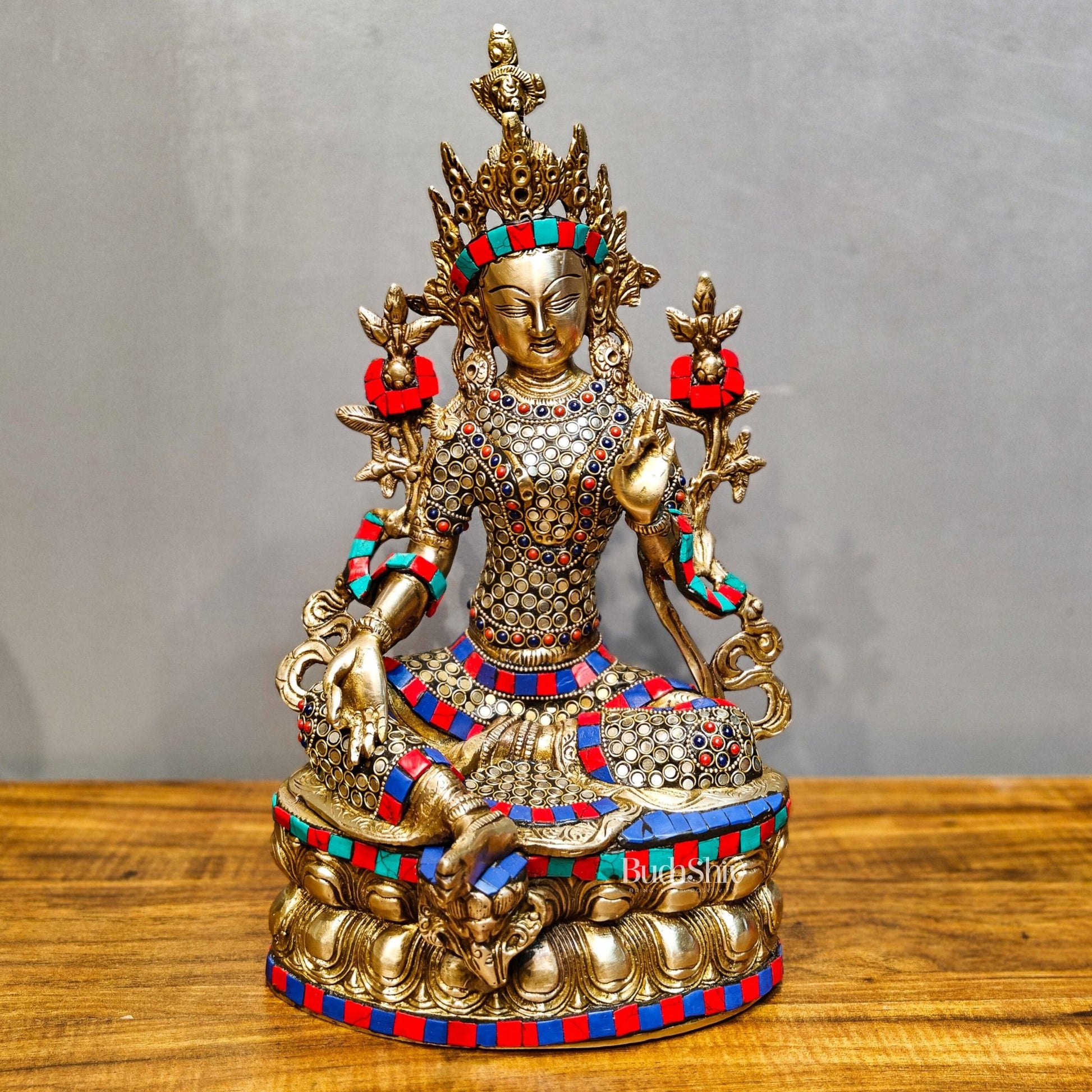 Pure Fine Brass Green Tara Statue | 14" x 8" x 5" | with stonework - Budhshiv.com