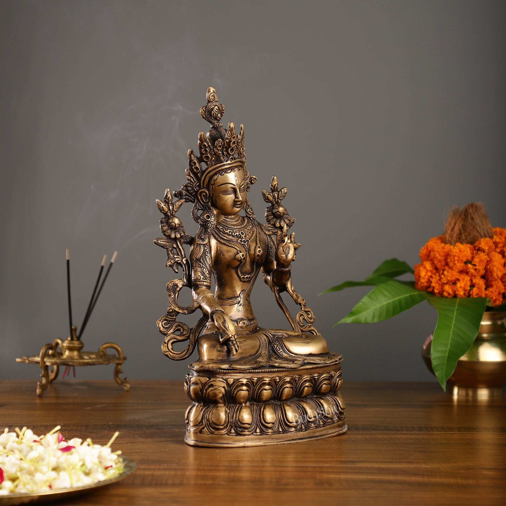 Pure Fine Brass White Tara Statue | 14" x 8" x 5" - Budhshiv.com