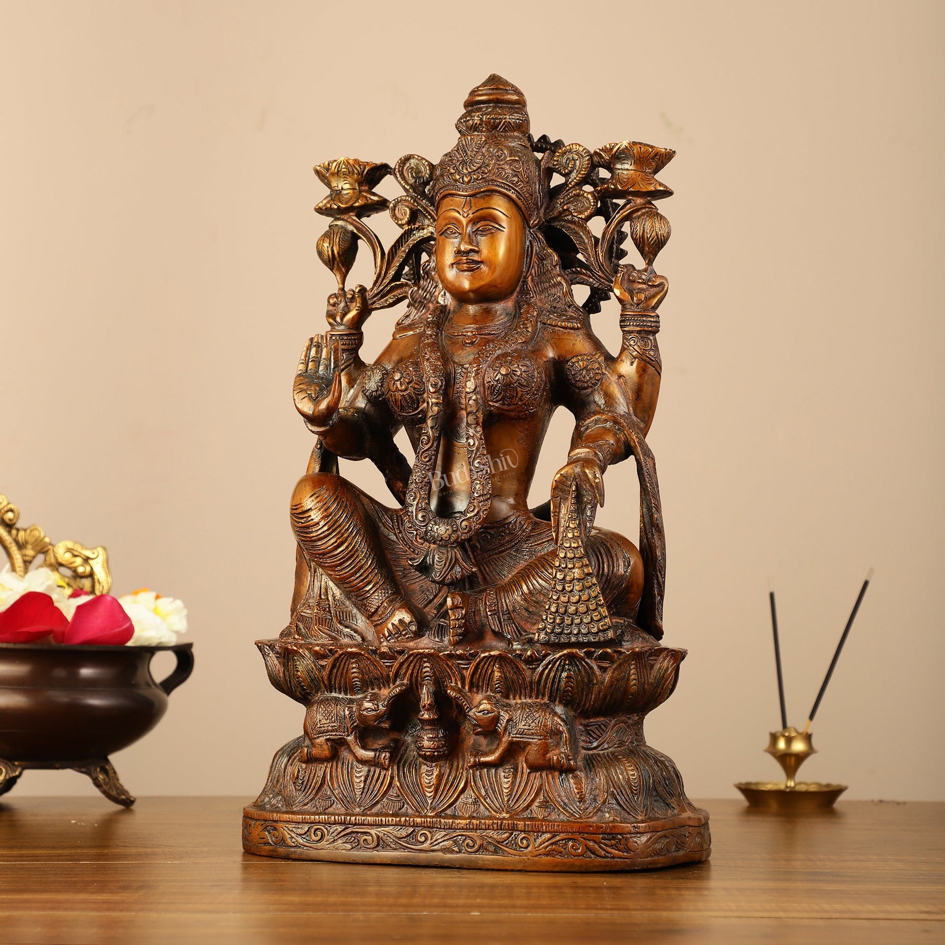 Pure Superfine Brass Goddess Lakshmi Idol - 15.5" - Budhshiv.com