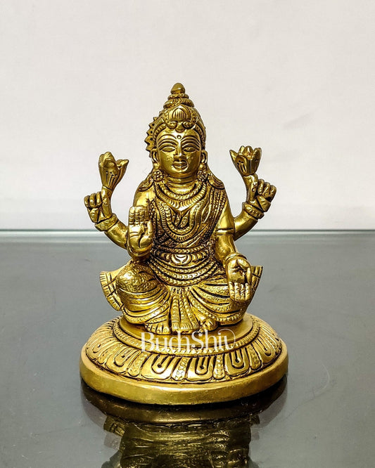 Pure Superfine Brass Goddess Lakshmi Idol | 4.5" Height | Intricate Carvings - Budhshiv.com