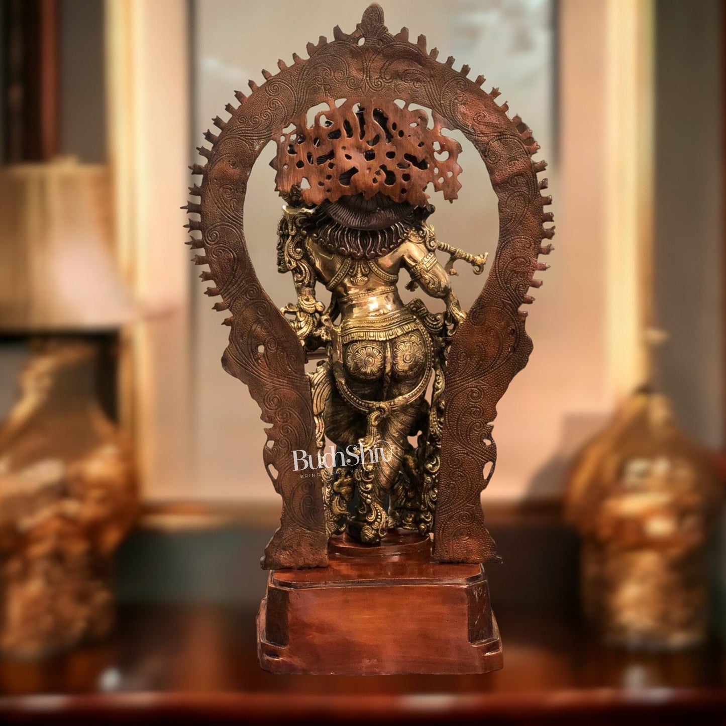 Pure Superfine Brass Krishna Statue | Embossed Large Prabhavali Frame | 32 Inch - Budhshiv.com