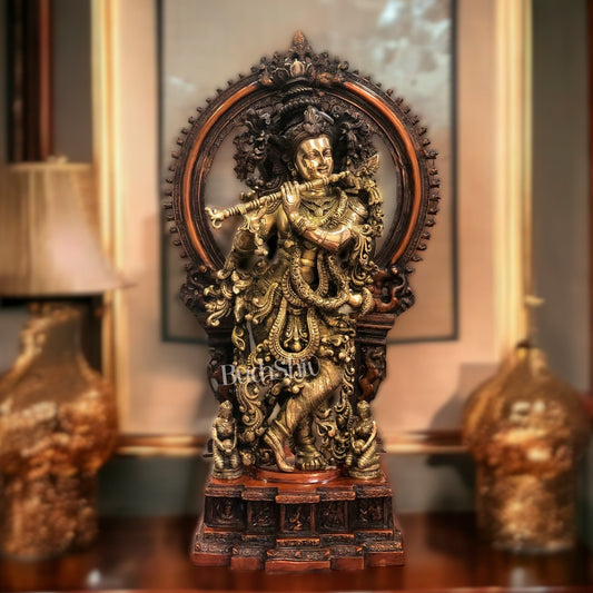 Pure Superfine Brass Krishna Statue | Embossed Large Prabhavali Frame | 32 Inch - Budhshiv.com