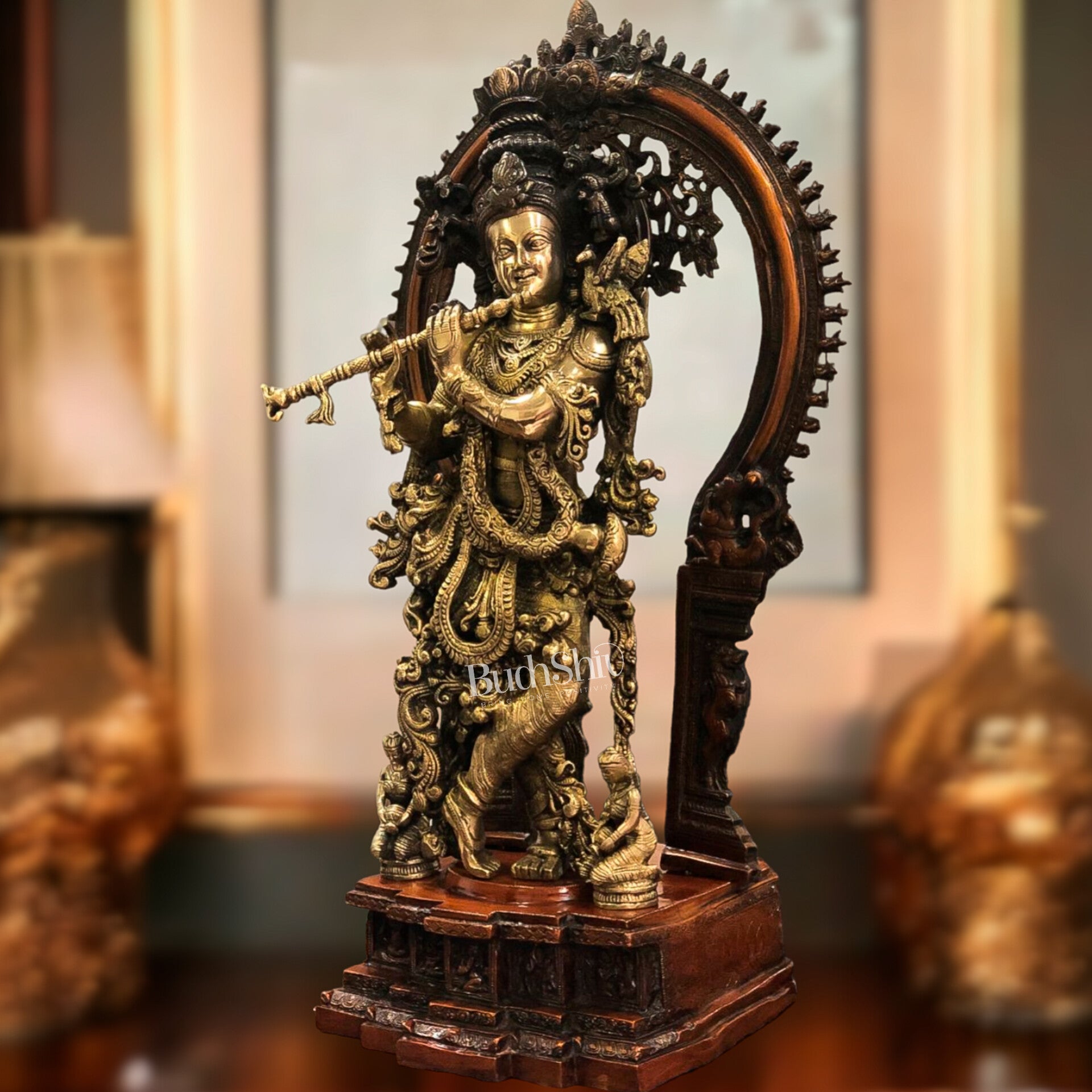 Pure Superfine Brass Krishna Statue | Embossed Large Prabhavali Frame | 32 Inch - Budhshiv.com