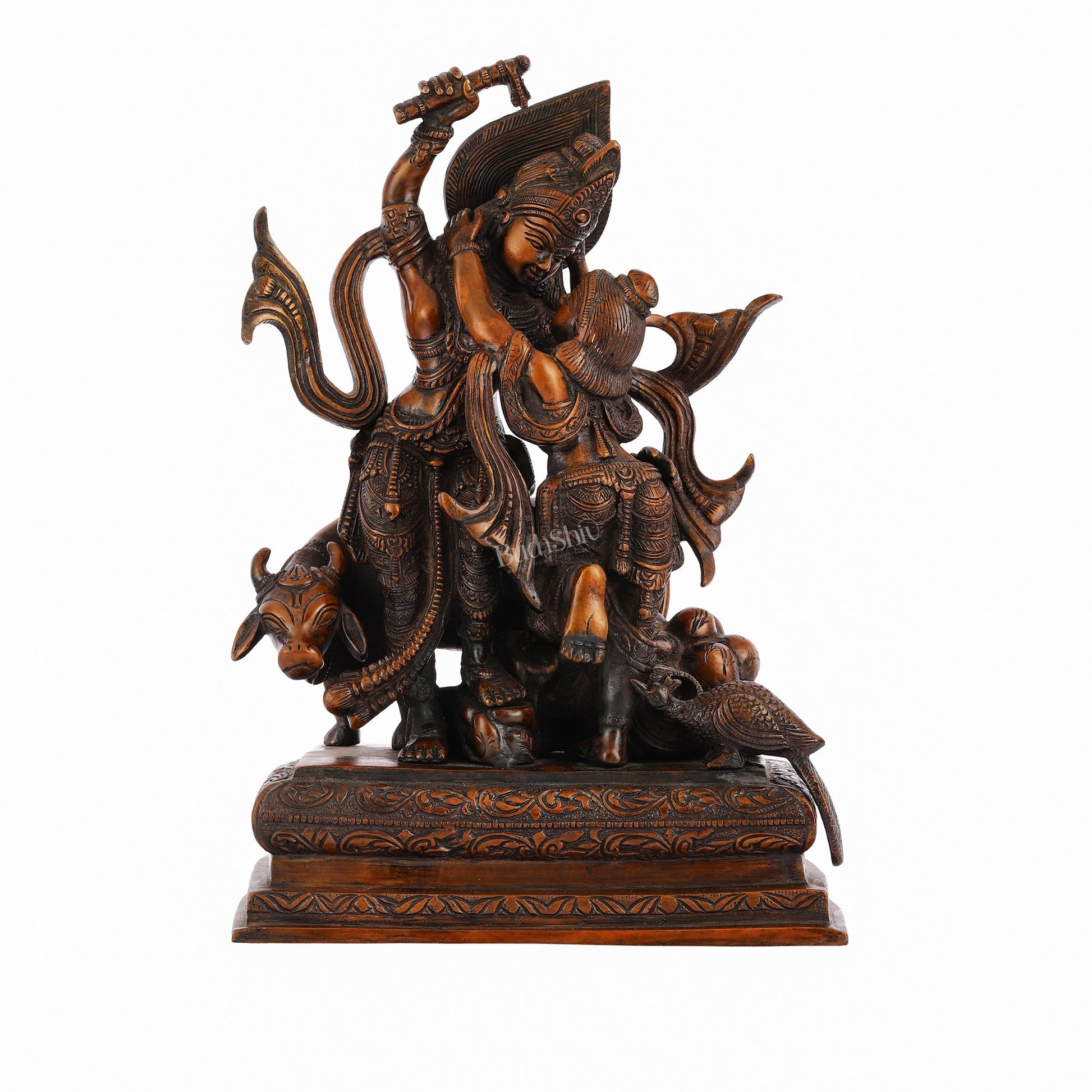 Pure Superfine Brass Radha Krishna Dancing with Cow and Peacock Statue - 12.5" - Budhshiv.com