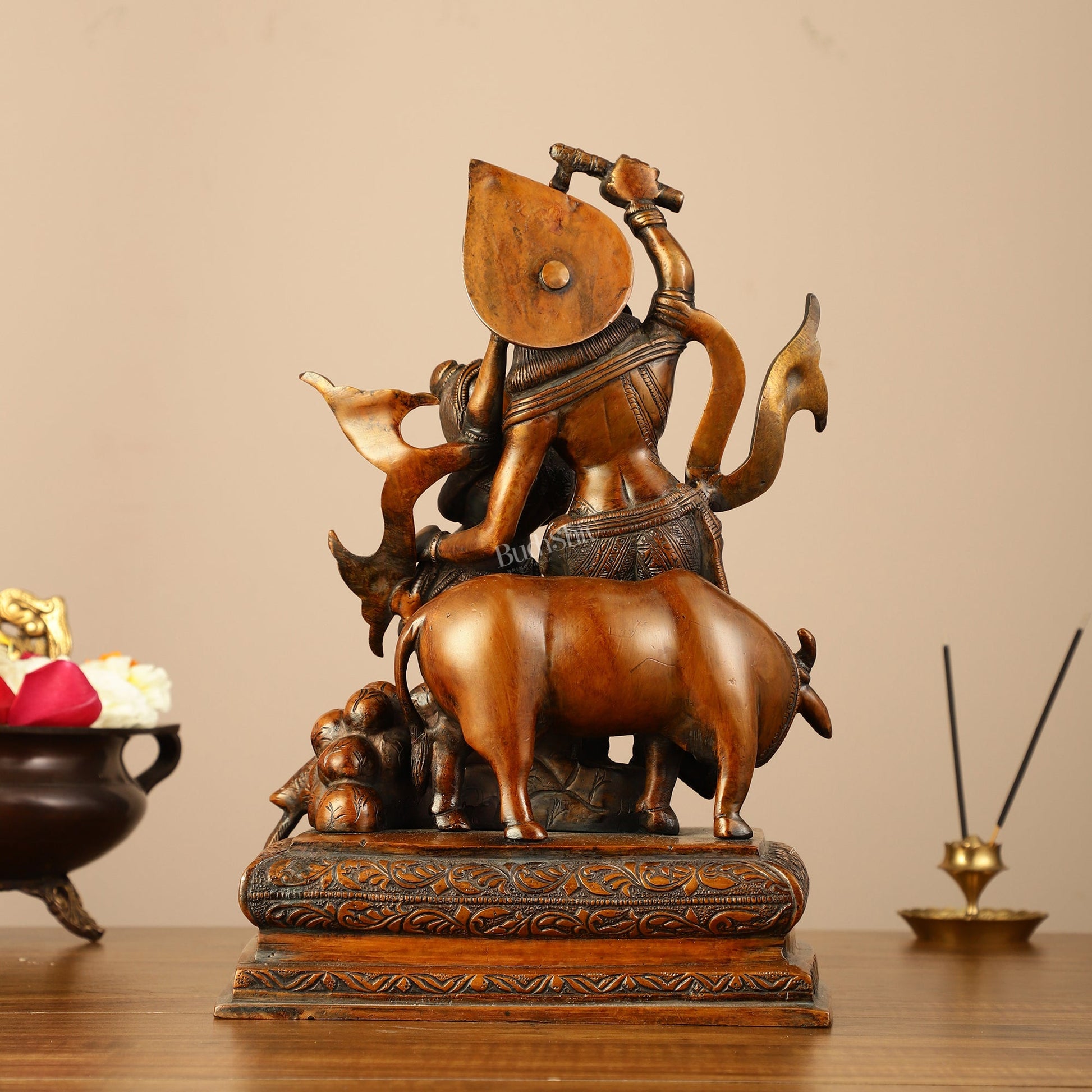 Pure Superfine Brass Radha Krishna Dancing with Cow and Peacock Statue - 12.5" - Budhshiv.com