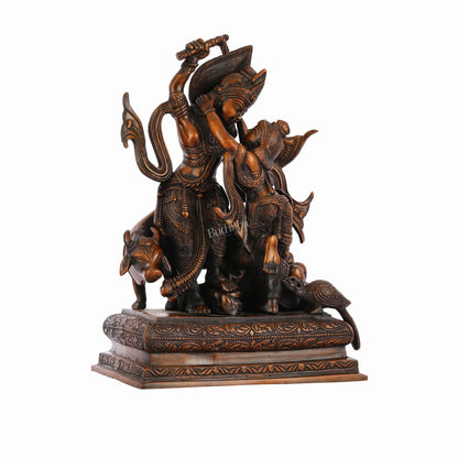 Pure Superfine Brass Radha Krishna Dancing with Cow and Peacock Statue - 12.5" - Budhshiv.com