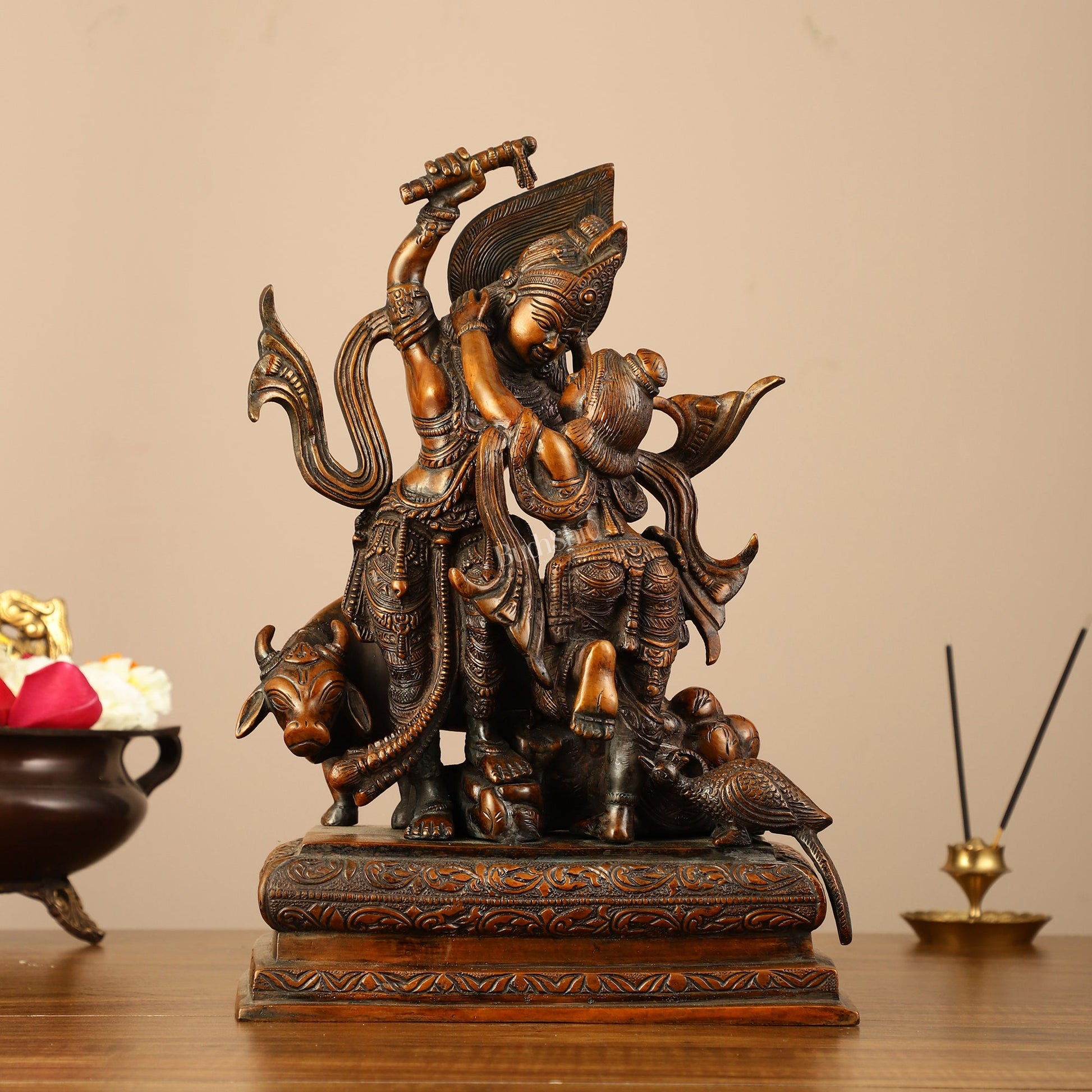 Pure Superfine Brass Radha Krishna Dancing with Cow and Peacock Statue - 12.5" - Budhshiv.com