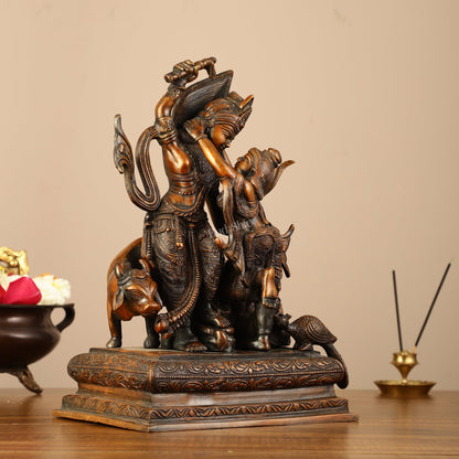 Pure Superfine Brass Radha Krishna Dancing with Cow and Peacock Statue - 12.5" - Budhshiv.com