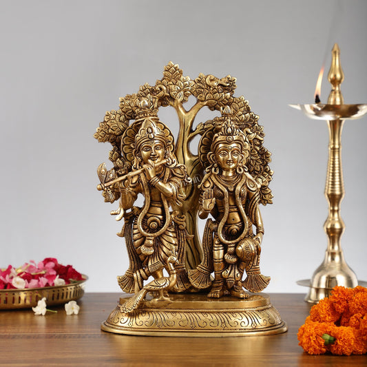 Pure Superfine Brass Radha Krishna Idols with Kalpavriksha Tree 14" - Budhshiv.com