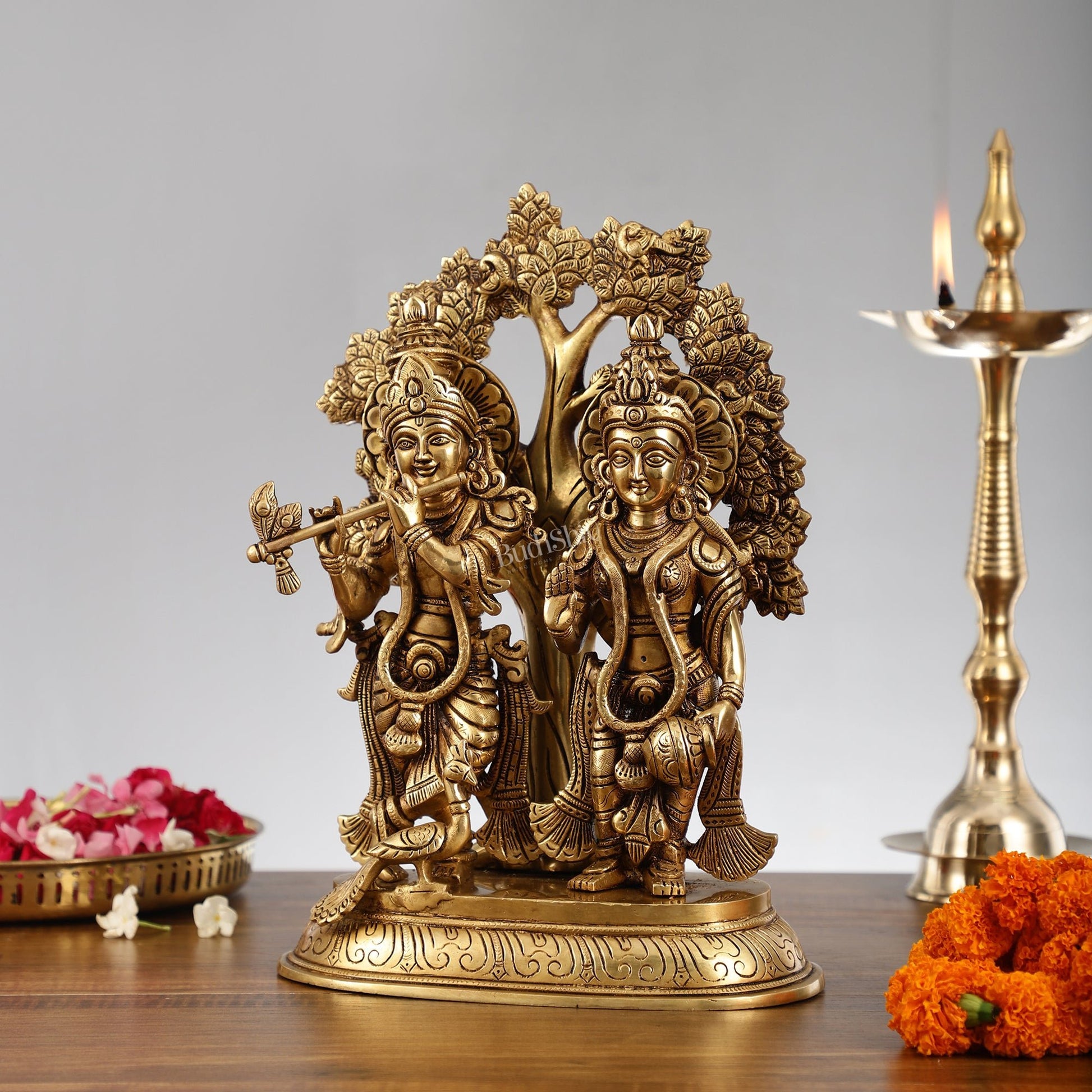 Pure Superfine Brass Radha Krishna Idols with Kalpavriksha Tree 14" - Budhshiv.com