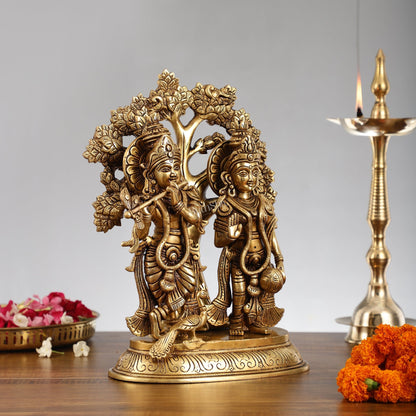 Pure Superfine Brass Radha Krishna Idols with Kalpavriksha Tree 14" - Budhshiv.com