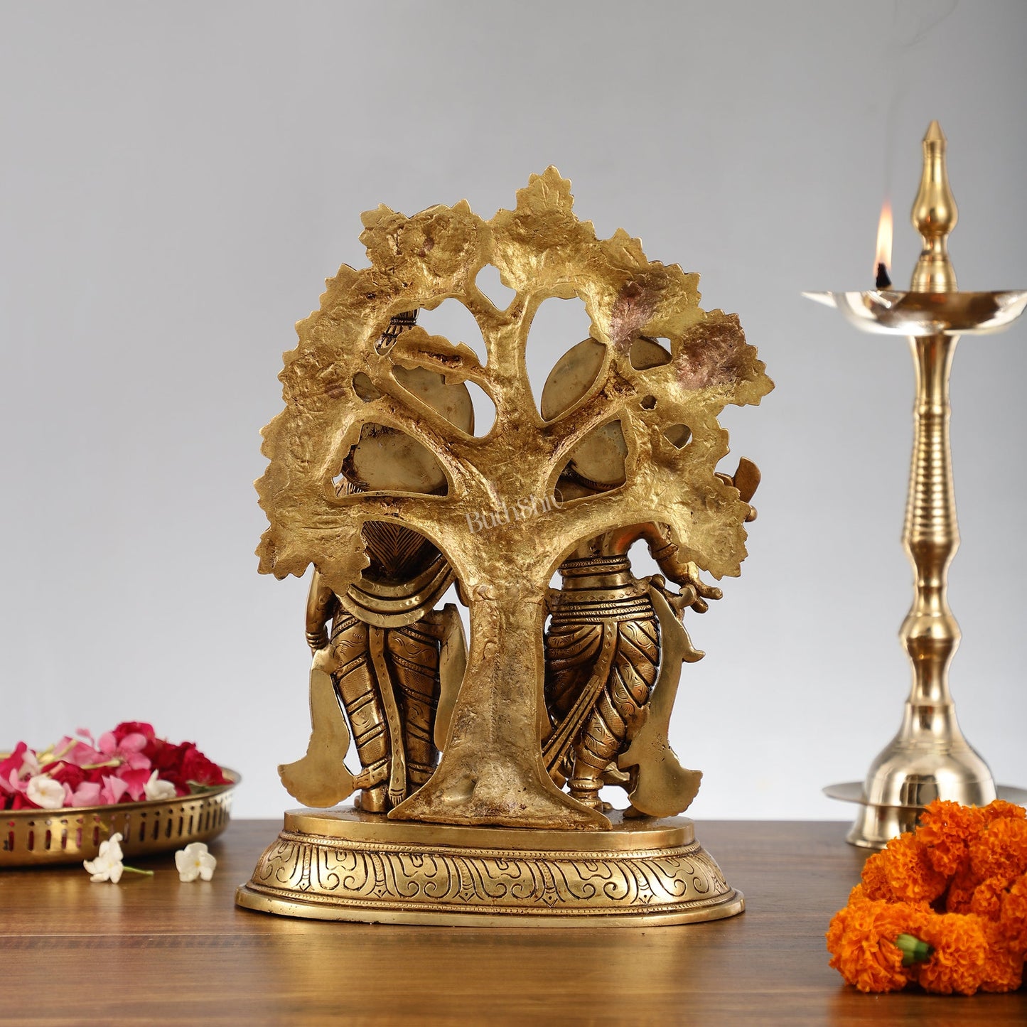 Pure Superfine Brass Radha Krishna Idols with Kalpavriksha Tree 14" - Budhshiv.com