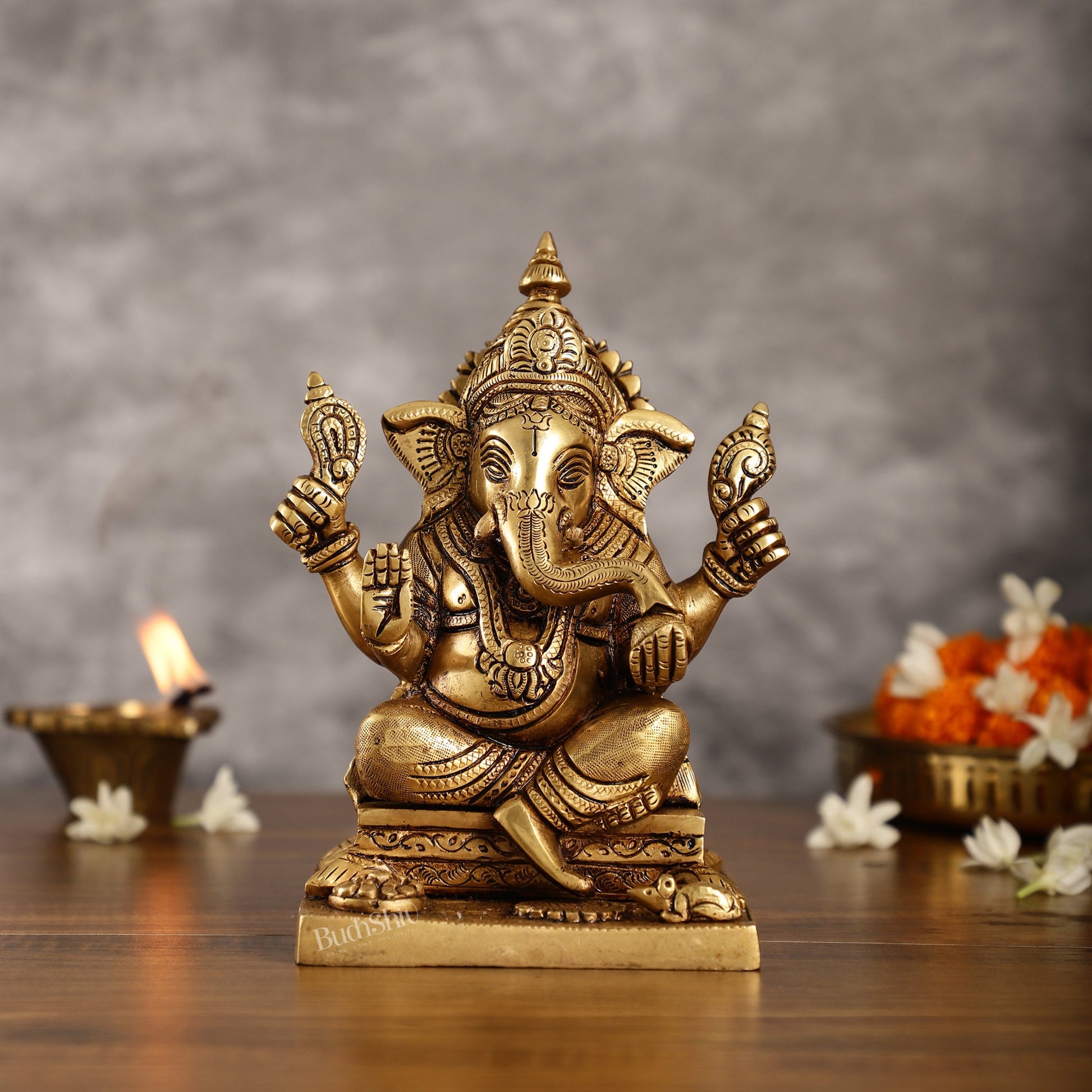 Pure Superfine Handcrafted Brass Ganesha Idol 8 inch - Budhshiv.com