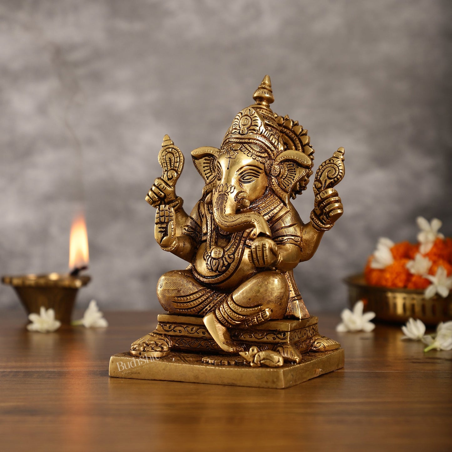 Pure Superfine Handcrafted Brass Ganesha Idol 8 inch - Budhshiv.com