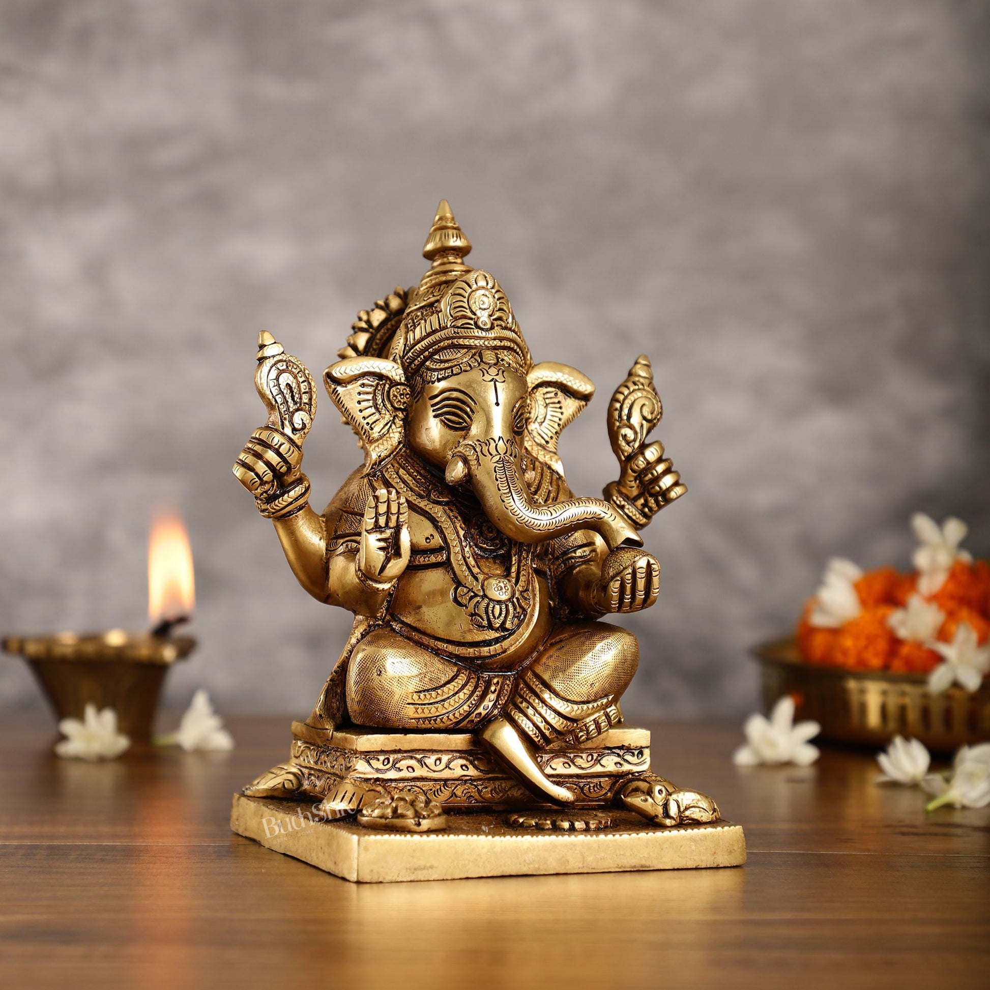 Pure Superfine Handcrafted Brass Ganesha Idol 8 inch - Budhshiv.com