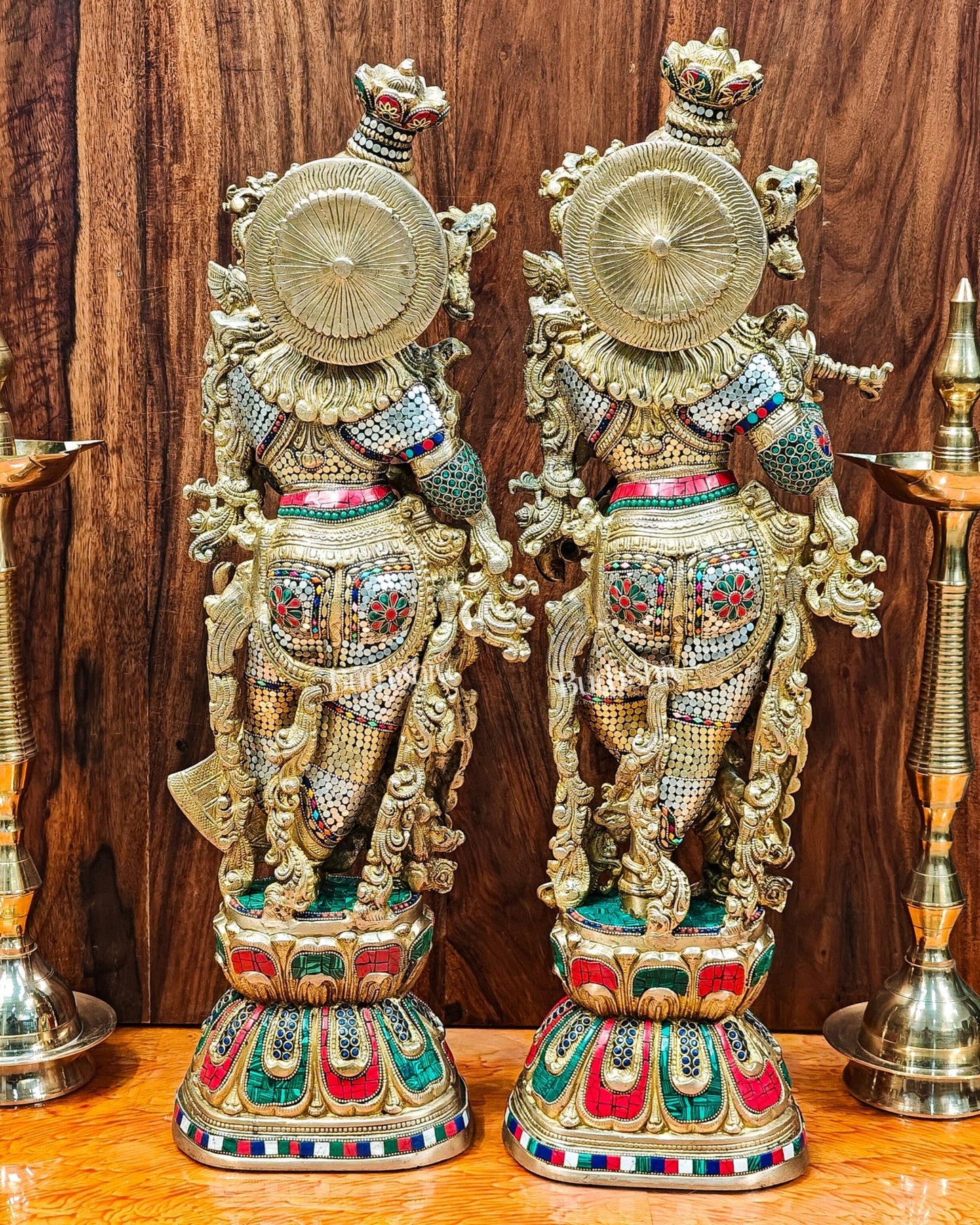 Radha Krishna Brass idols 29 inches with stonework - Budhshiv.com