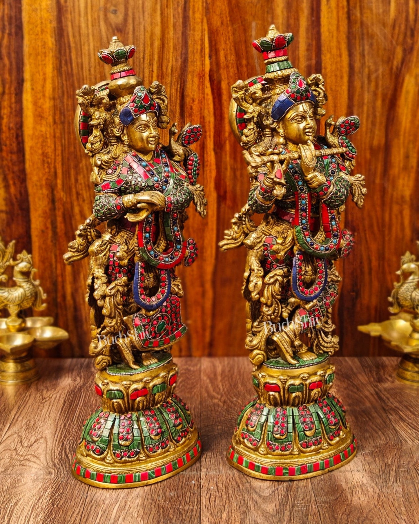 Radha Krishna Brass idols with Stonework 21 inch - Budhshiv.com