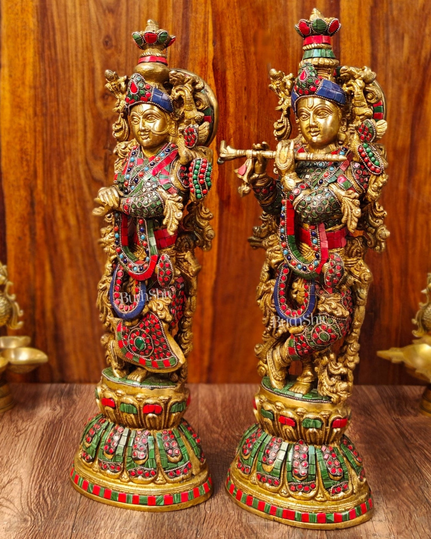 Radha Krishna Brass idols with Stonework 21 inch - Budhshiv.com