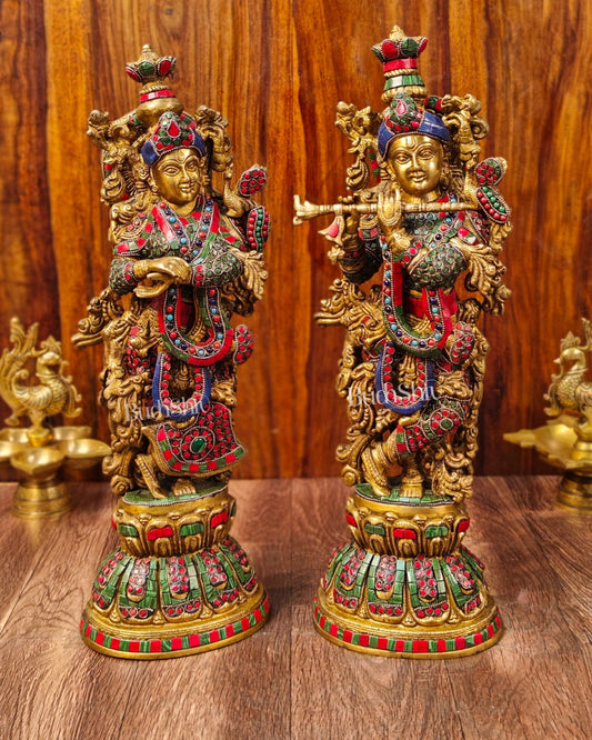 Radha Krishna Brass idols with Stonework 21 inch - Budhshiv.com