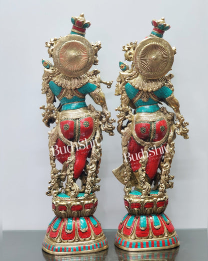 Radha Krishna Brass idols with stonework 30 inch - Budhshiv.com