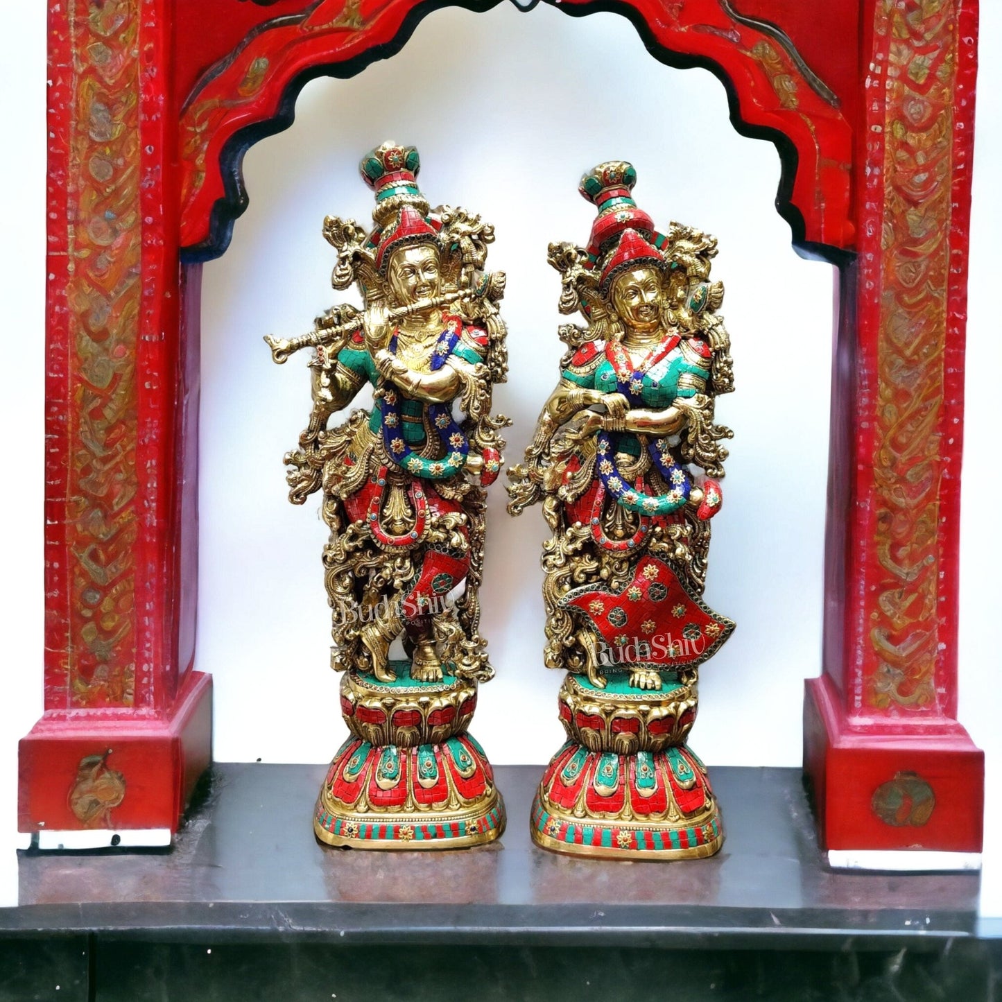 Radha Krishna Brass idols with stonework 30 inch - Budhshiv.com
