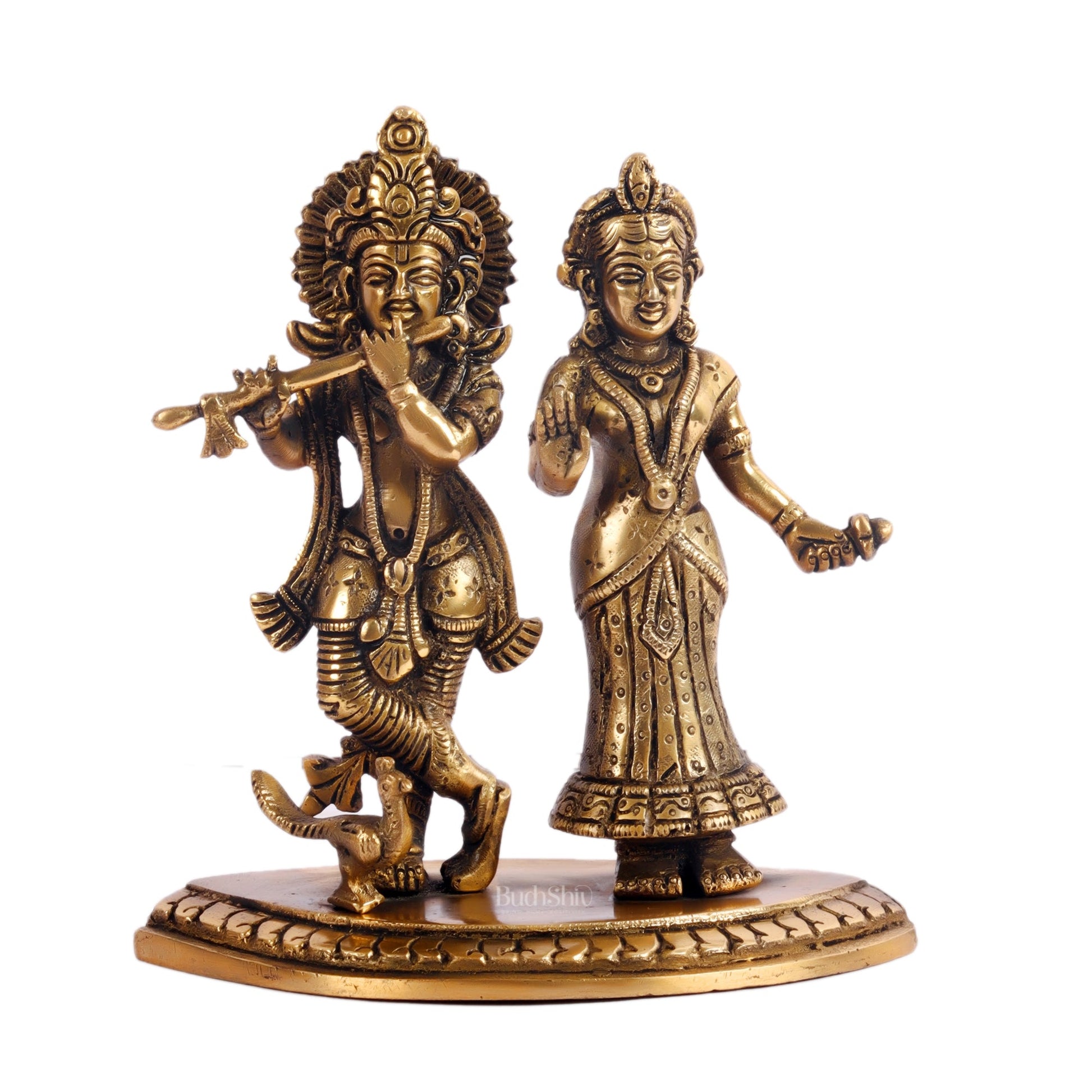 Radha with Krishna playing the flute with a peacock 7 inches Antique finish - Budhshiv.com