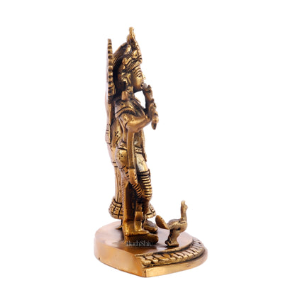 Radha with Krishna playing the flute with a peacock 7 inches Antique finish - Budhshiv.com