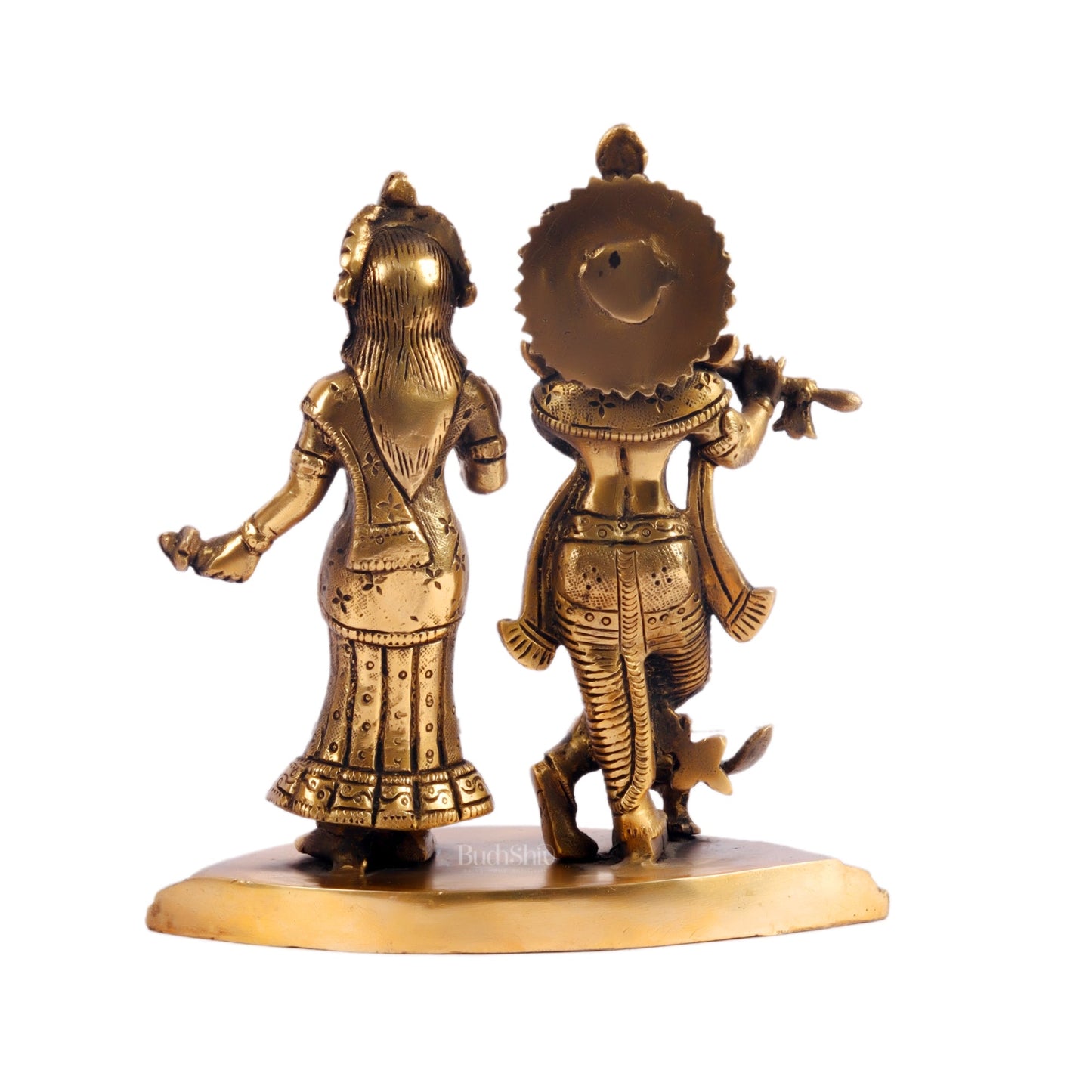 Radha with Krishna playing the flute with a peacock 7 inches Antique finish - Budhshiv.com