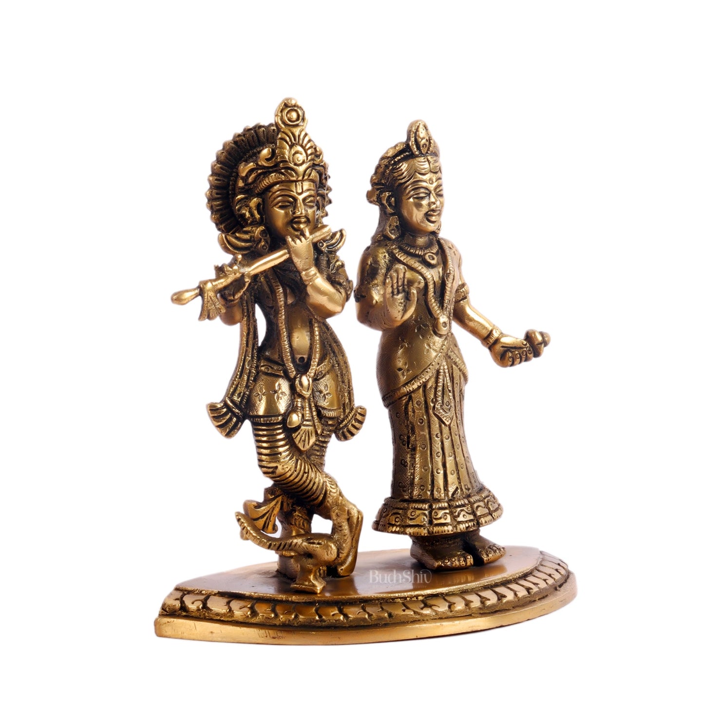 Radha with Krishna playing the flute with a peacock 7 inches Antique finish - Budhshiv.com