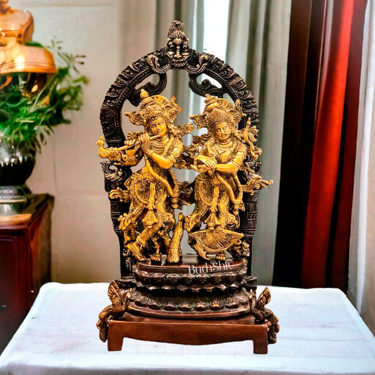 Sacred 17.5-Inch Brass Radha Krishna Idol Pair with Peacock Adorned Base - Budhshiv.com
