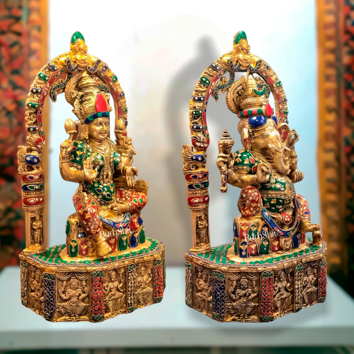 Sacred Harmony: Brass Ganesha and Lakshmi statue pair 20" - Budhshiv.com