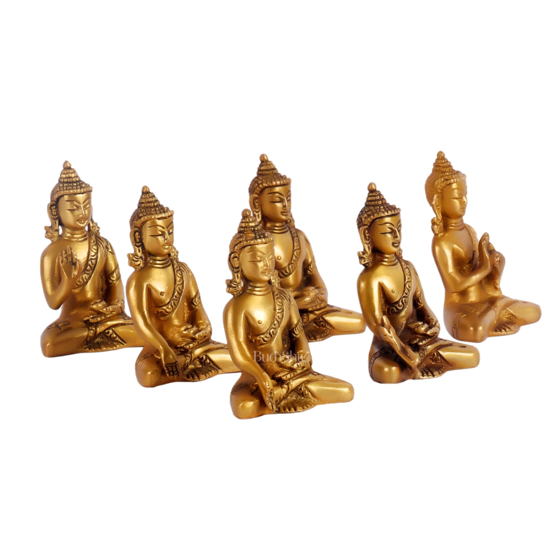 Sacred Set of 6 Miniature Pure Brass Buddha Statues - 6 Mudras - Budhshiv.com
