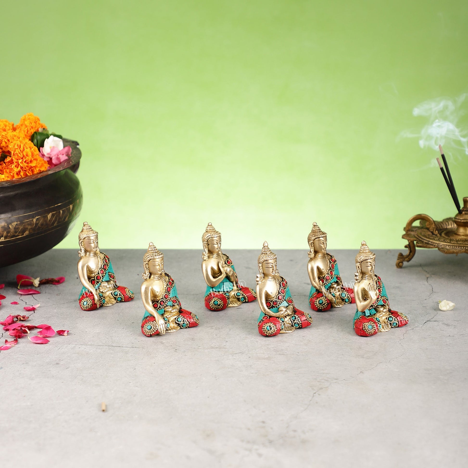 Sacred Set of 6 Miniature Pure Brass Buddha Statues - 6 Mudras - Budhshiv.com