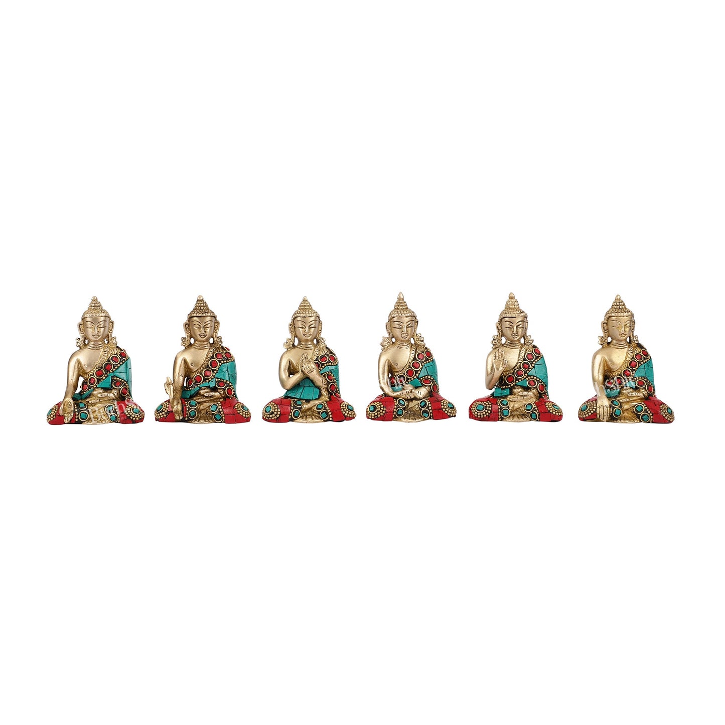 Sacred Set of 6 Miniature Pure Brass Buddha Statues - 6 Mudras - Budhshiv.com