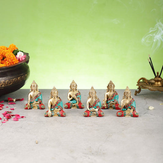 Sacred Set of 6 Miniature Pure Brass Buddha Statues - 6 Mudras - Budhshiv.com