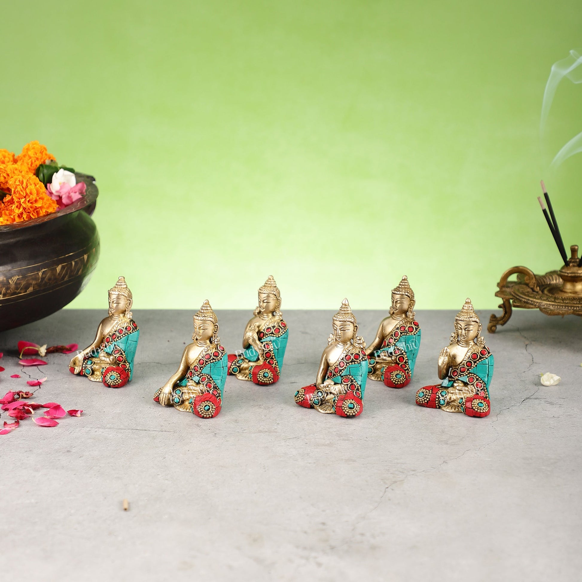 Sacred Set of 6 Miniature Pure Brass Buddha Statues - 6 Mudras - Budhshiv.com