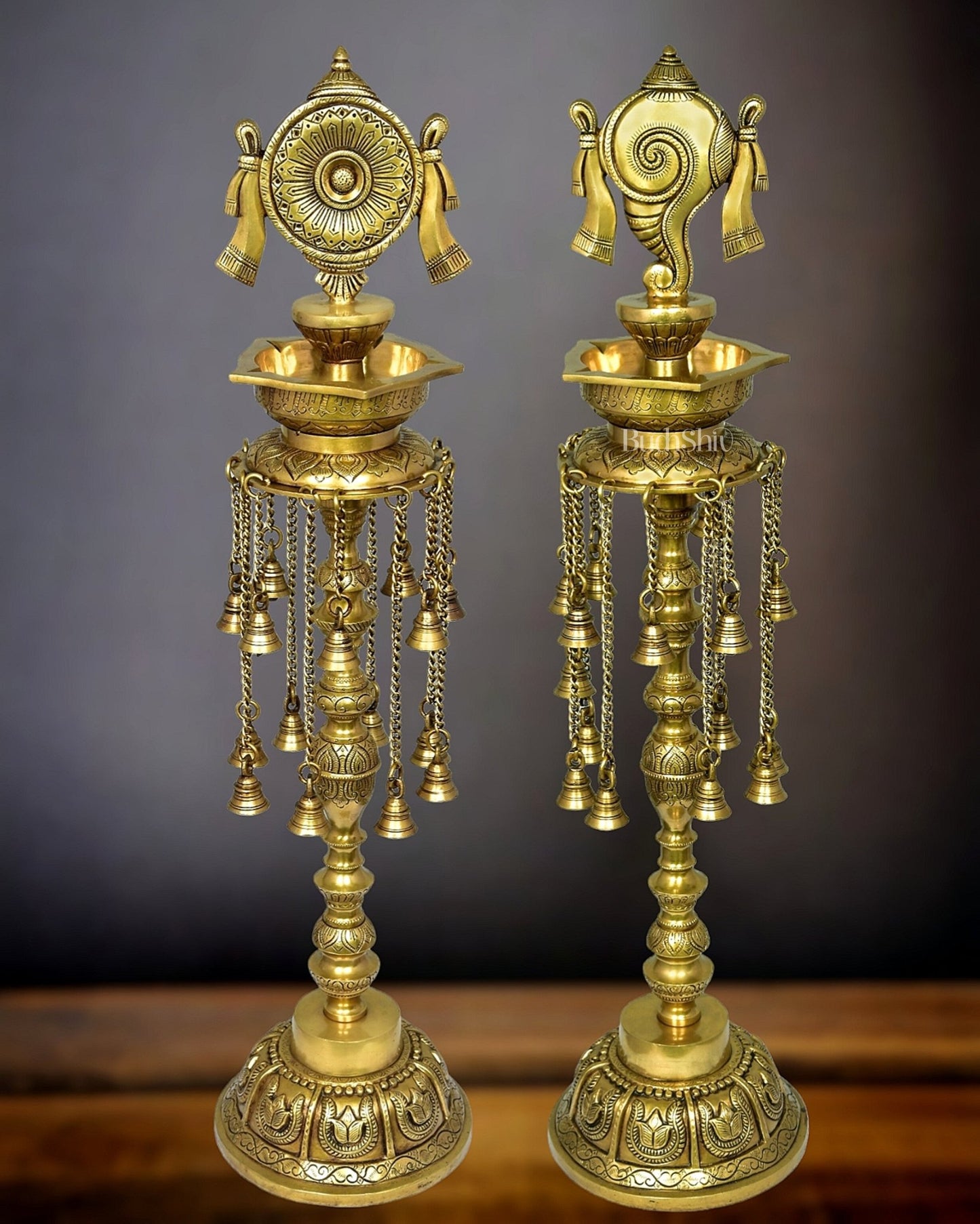 Sacred Superfine Brass Shankh Chakra Oil Lamps - Pair 30 inch - Budhshiv.com