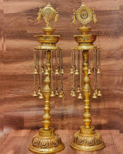 Sacred Superfine Brass Shankh Chakra Oil Lamps - Pair of Tirupati Balaji Diyas 30 inch - Budhshiv.com