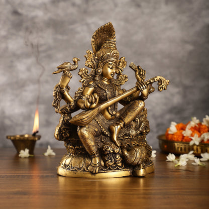 Saraswati brass idol 11 inches antique - Budhshiv.com
