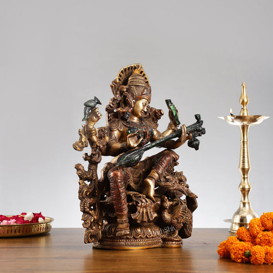 Saraswati brass idol 16 inches hand-painted - Budhshiv.com
