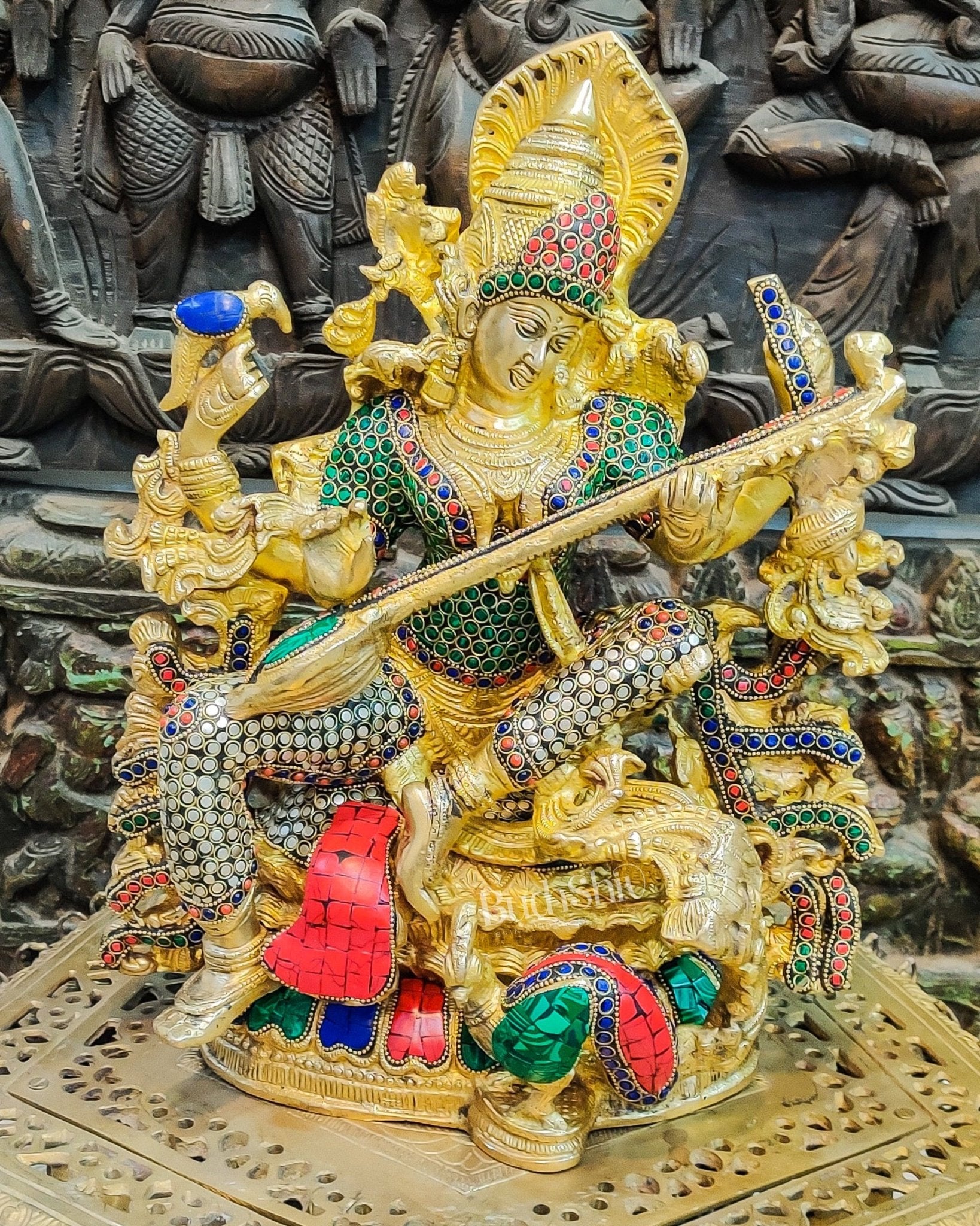 Saraswati brass idol 16 inches with stonework - Budhshiv.com