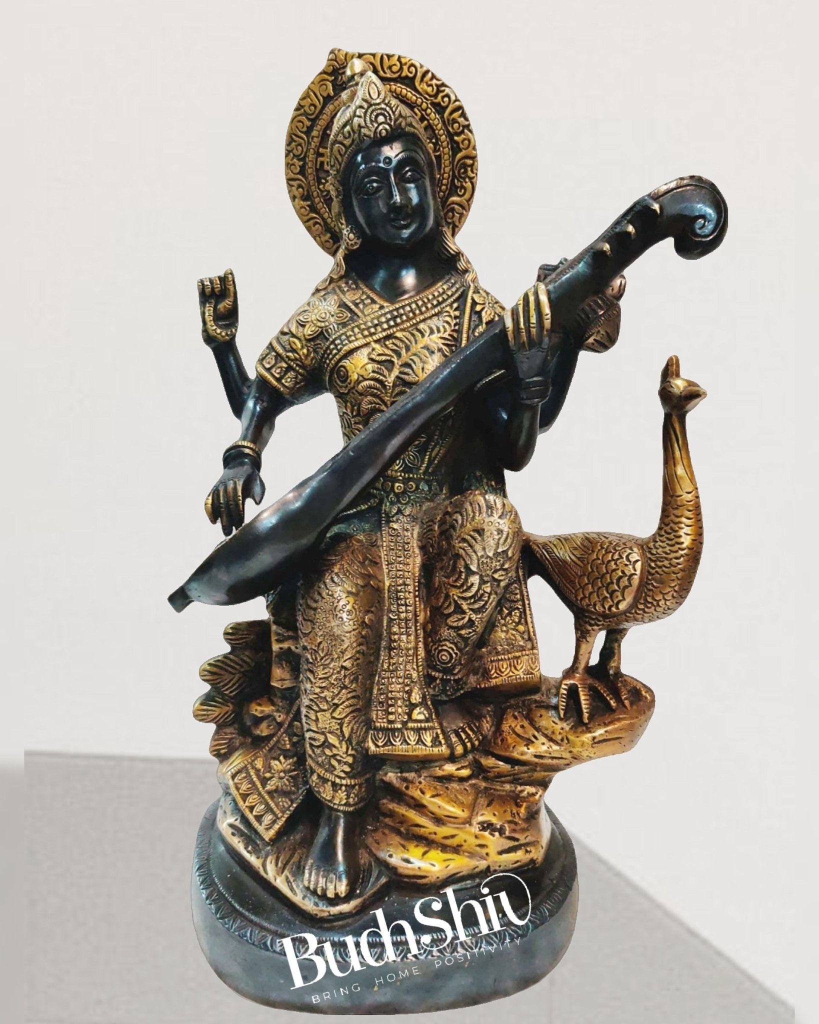 Saraswati brass idol Black and Gold 15 inch - Budhshiv.com