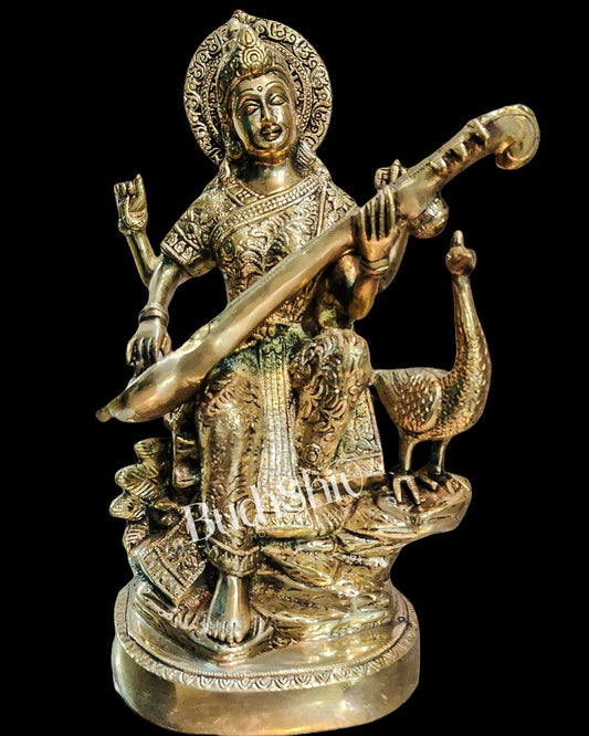 Saraswati brass idol Gold 15 inch - Budhshiv.com