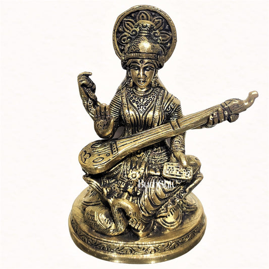 Saraswati brass idol with charcoal finish | suitable for office desk/study table/ temple - Budhshiv.com