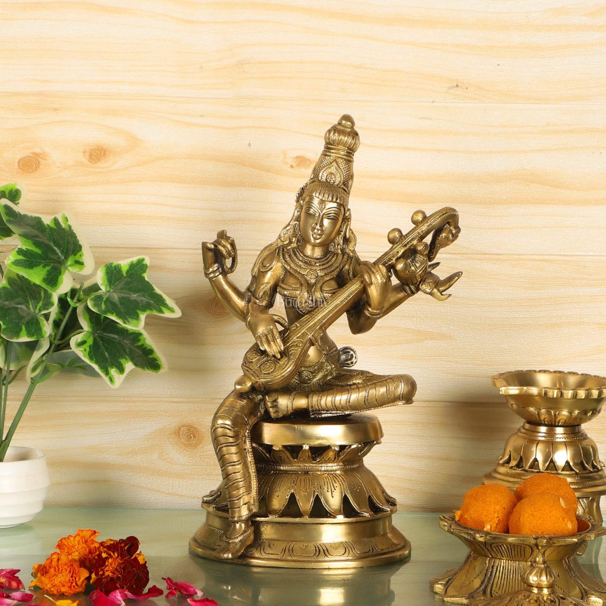 Saraswati Brass Statue 12 inch - Budhshiv.com