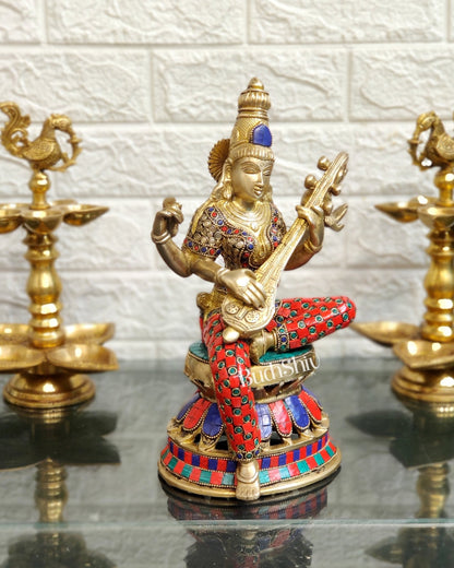 Saraswati Brass Statue 12 inch - Budhshiv.com